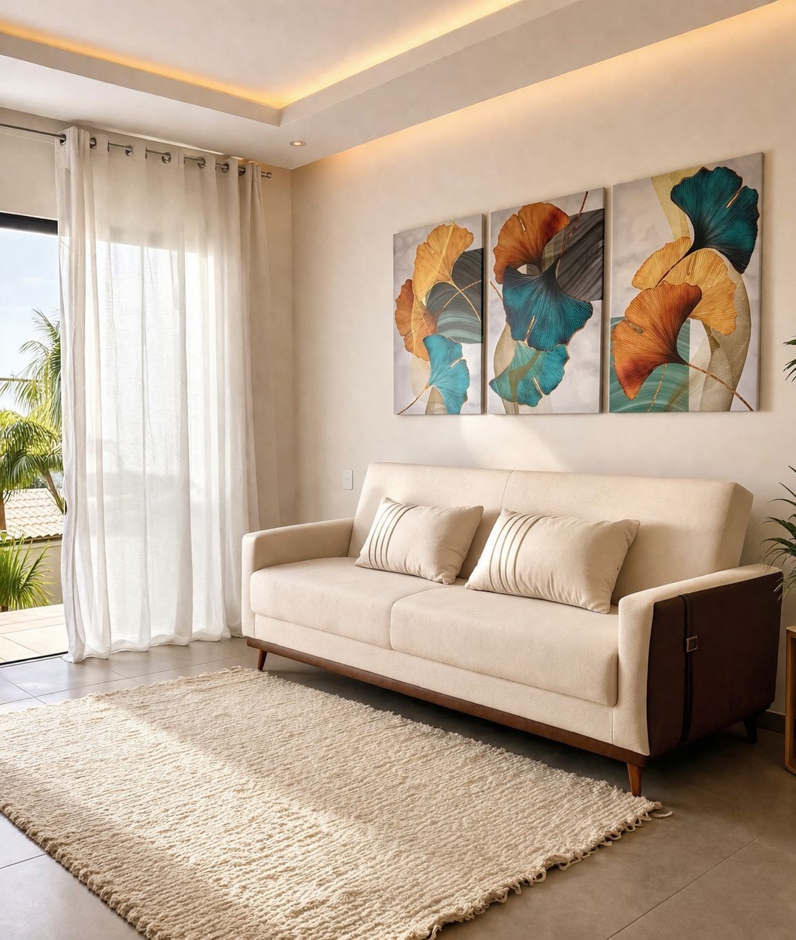 A modern living room with a beige sofa, a large abstract painting, a white rug, and a view of palm trees outside.