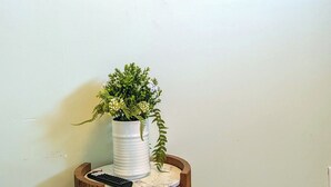 A wall-mounted zebra print artwork, a white vase with green plants, and a wooden stool with a remote control. - Perfect 1-bedroom basement with AC in pleasant Burnaby (Burnaby)
