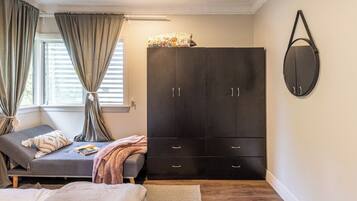 1 bedroom, desk, iron/ironing board, travel cot