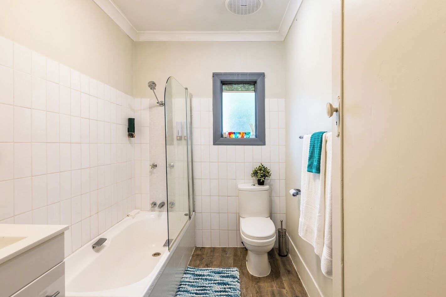 Hair dryer, towels, soap, shampoo