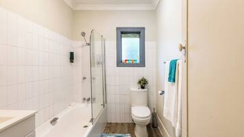 Hair dryer, towels, soap, shampoo