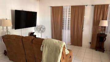 A living room with a brown sofa, a flat-screen TV, a standing fan, and a window with brown curtains.