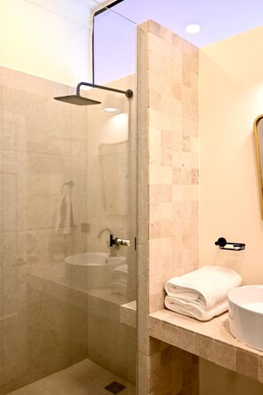Shower, hair dryer, towels, soap - Spacious Renovated Apartment in Centro Historico. (Heroica Puebla de Zaragoza)