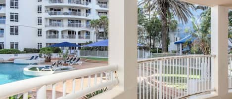 Apartment, Balcony, Pool View | Property grounds
