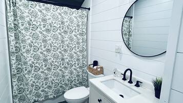 Hair dryer, towels, soap, toilet paper