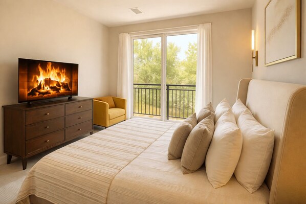 A bedroom with a bed, a dresser, a TV displaying a fireplace, a chair, and a balcony with a view of trees. - Chevy Chase 301 2BR (Chevy Chase)