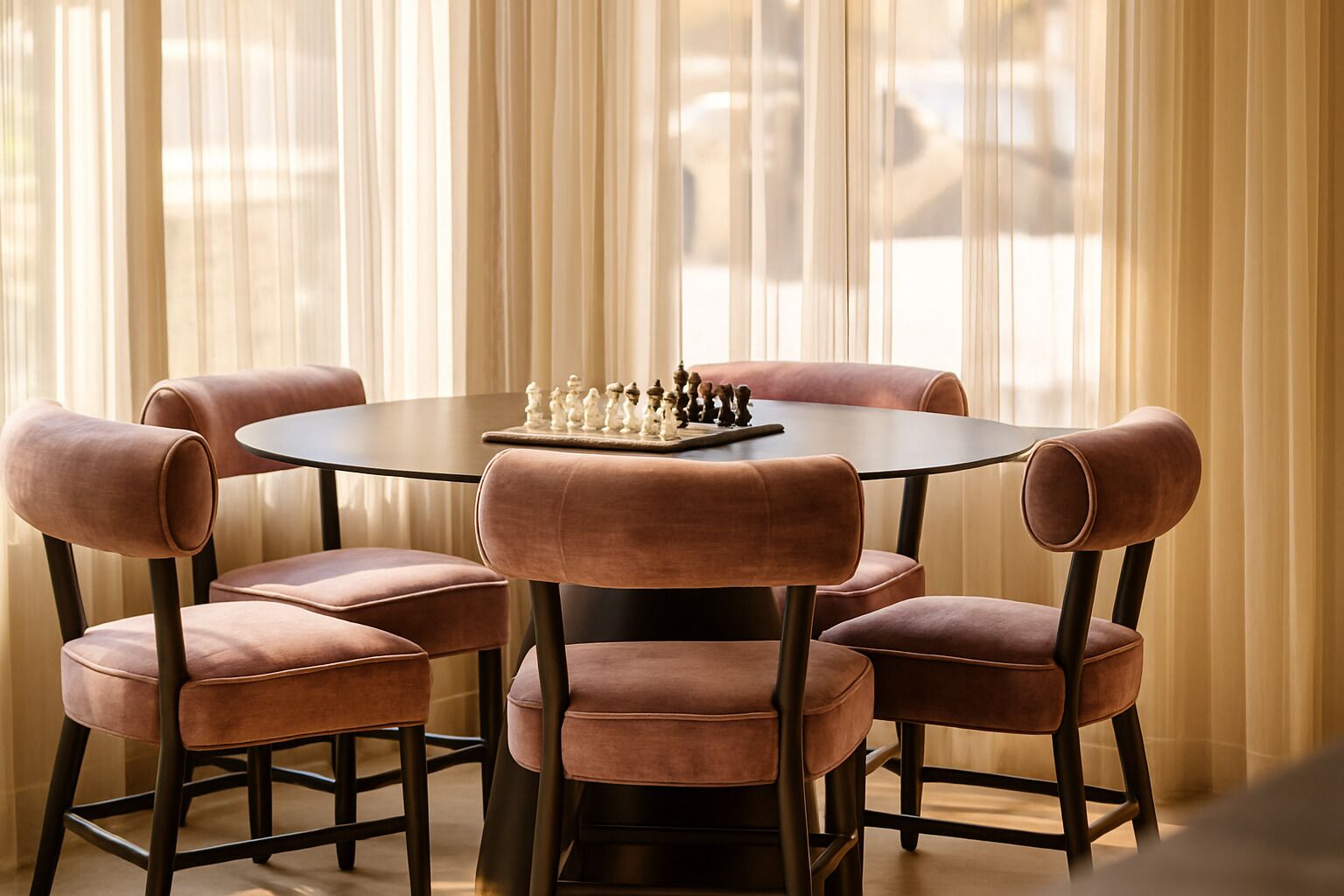 A round table with a chessboard in the center, surrounded by six chairs with cushioned backs.