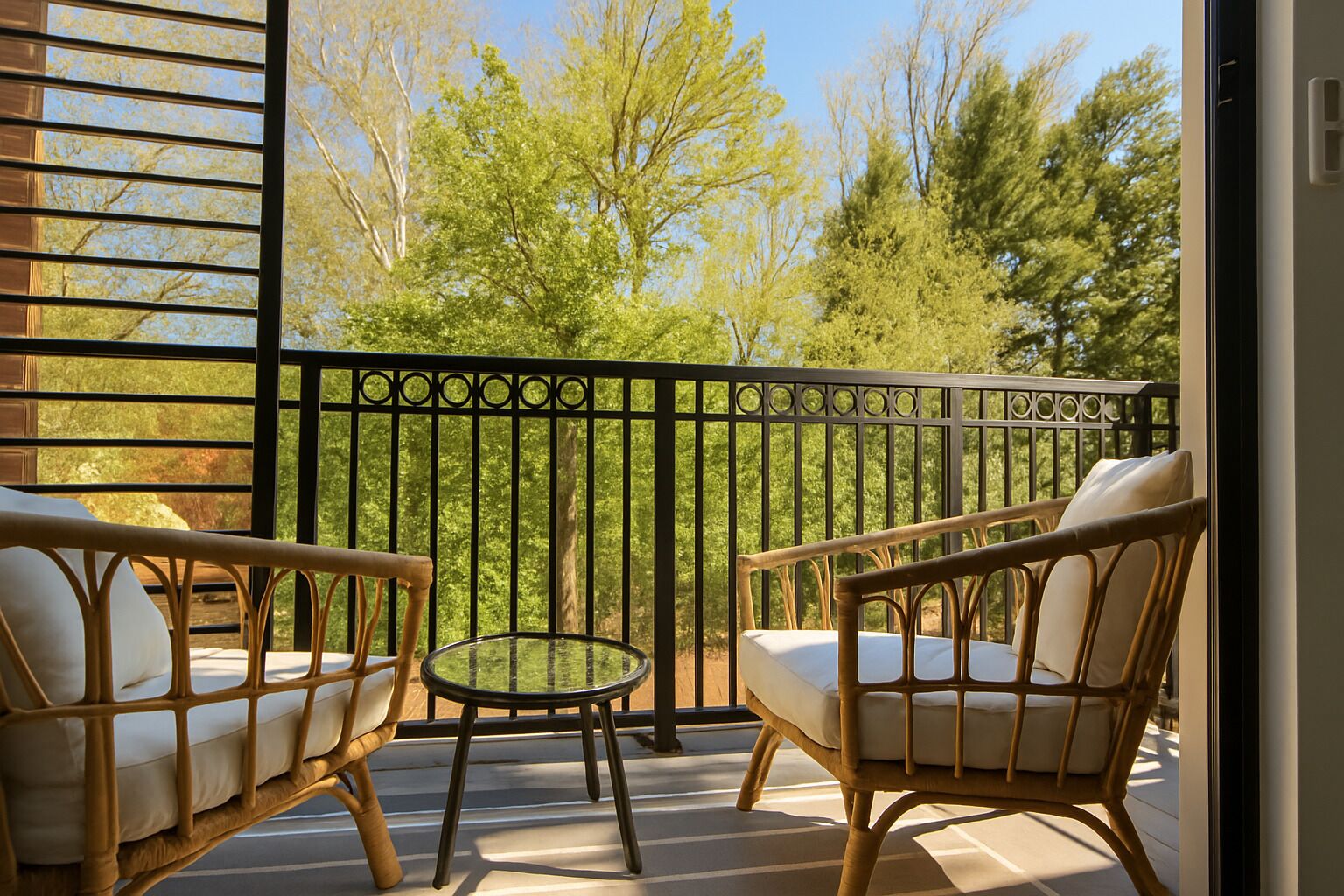 A balcony with wicker furniture and a glass table, overlooking a wooded area.