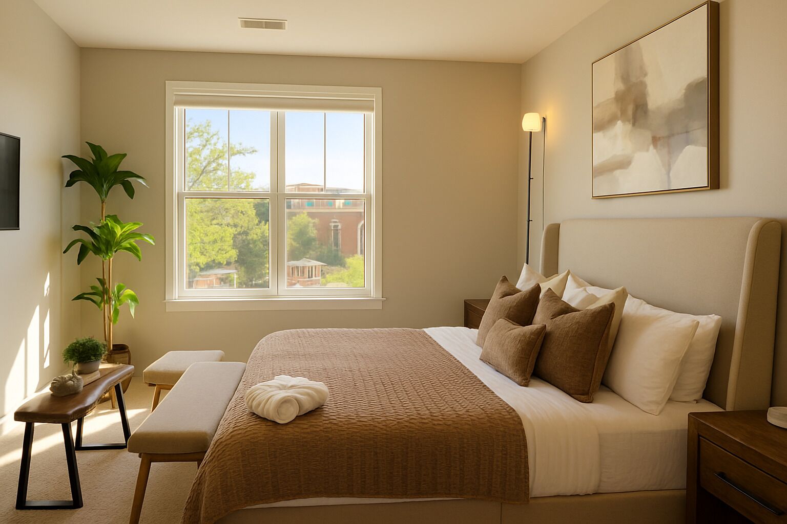 A bedroom with a large window, a bed with multiple pillows, a bedside table, a lamp, and a painting on the wall.