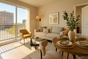 A modern living room with a sofa, armchairs, a dining table set, a floor lamp, and a potted plant. - Chevy Chase  315  2BR (Chevy Chase)