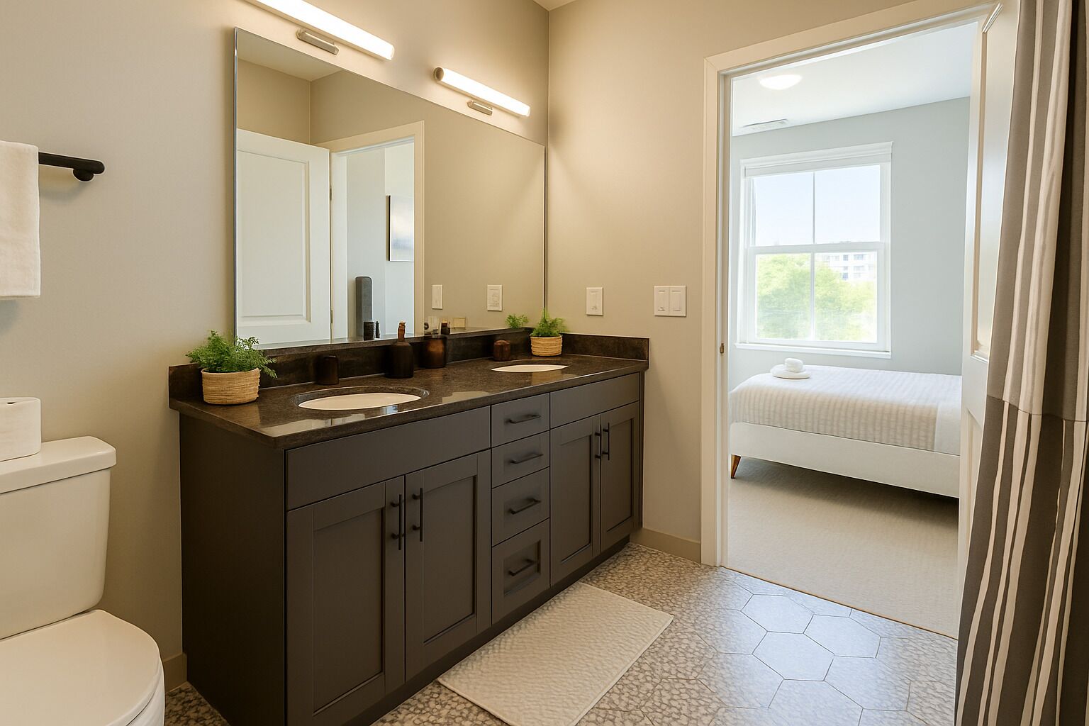 A bathroom with a dark vanity, two sinks, a large mirror, and a view into a bedroom with a bed and window.