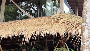 Une structure dotée d’un toit de chaume, avec un hamac et une plante suspendue.