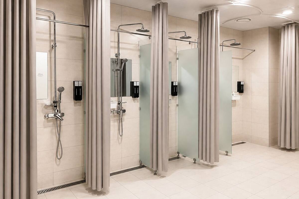 Shower, hair dryer, towels, shampoo