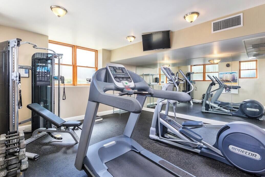 A gym with treadmills, a weight bench, and a squat rack.