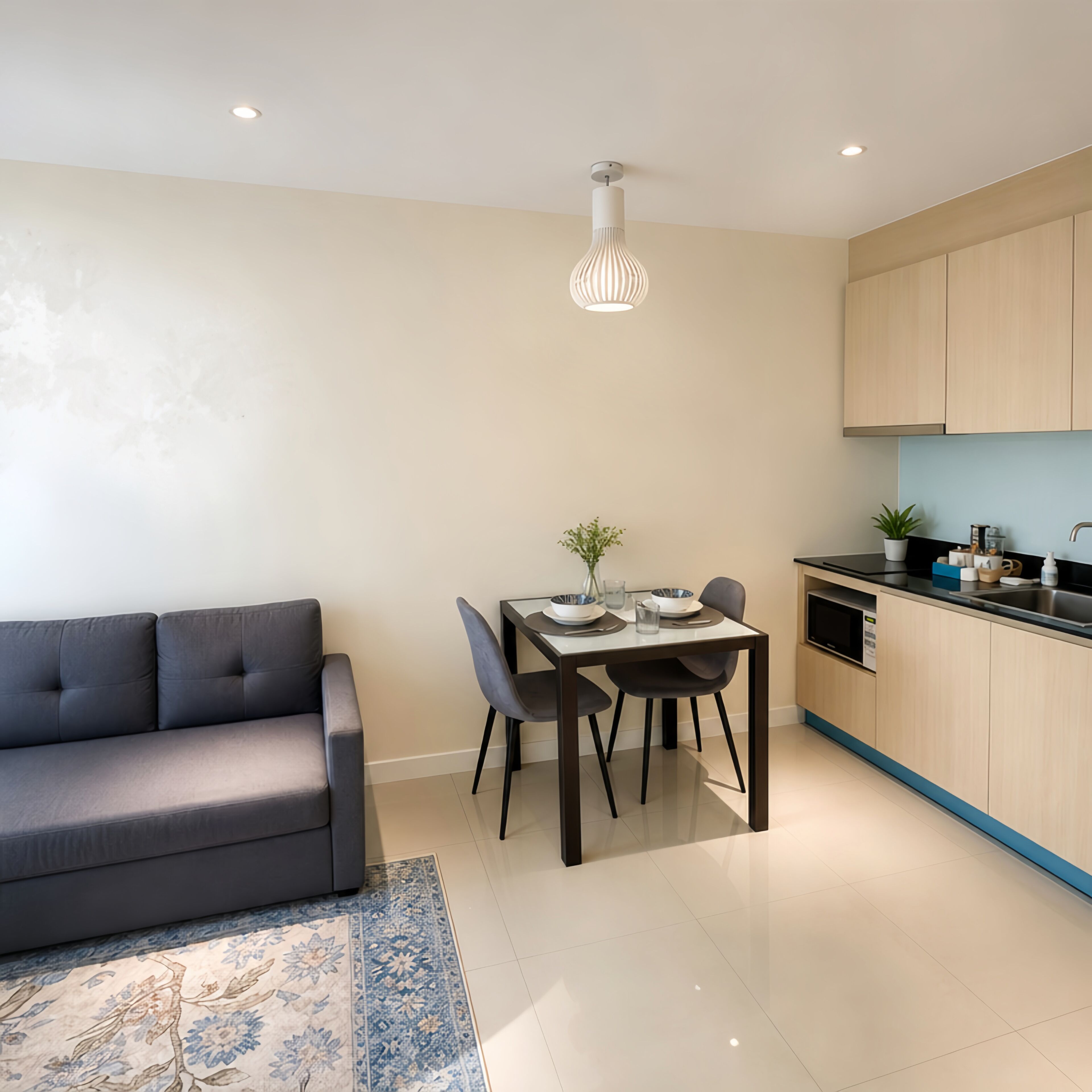 A modern living room with a sofa, dining table, chairs, and a kitchen area with cabinets and appliances.