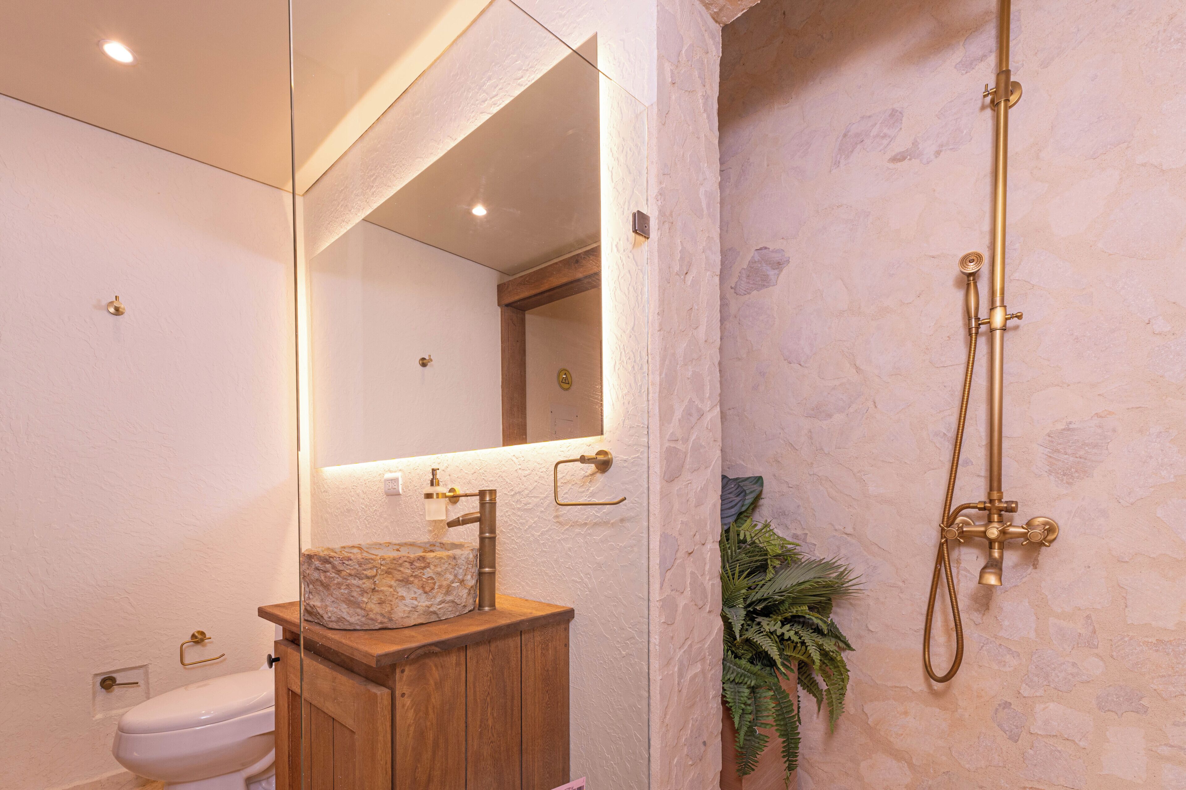 A bathroom with a stone sink, a mirror, a toilet, and a shower with a gold fixture.