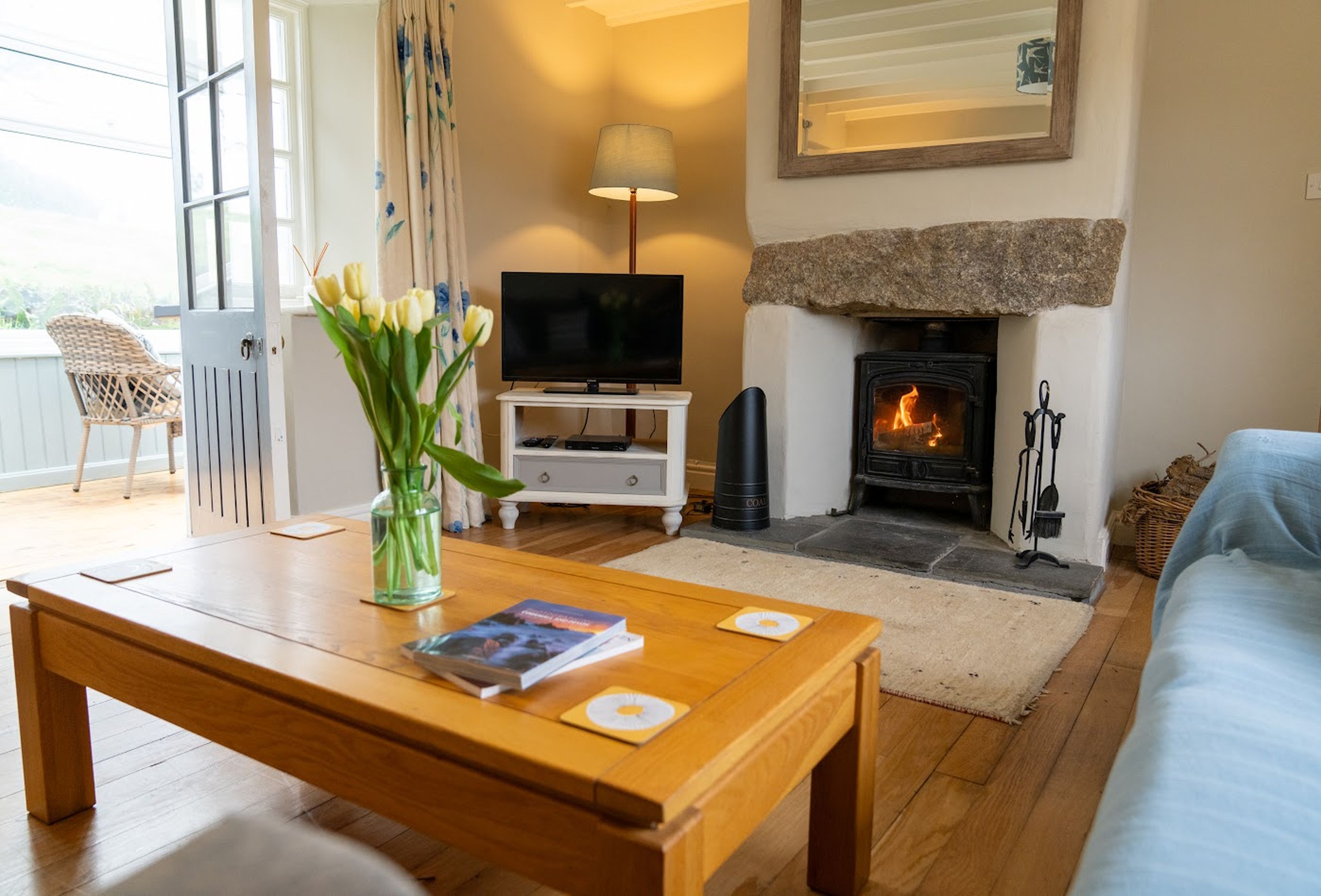 TV connectée, cheminée, livres