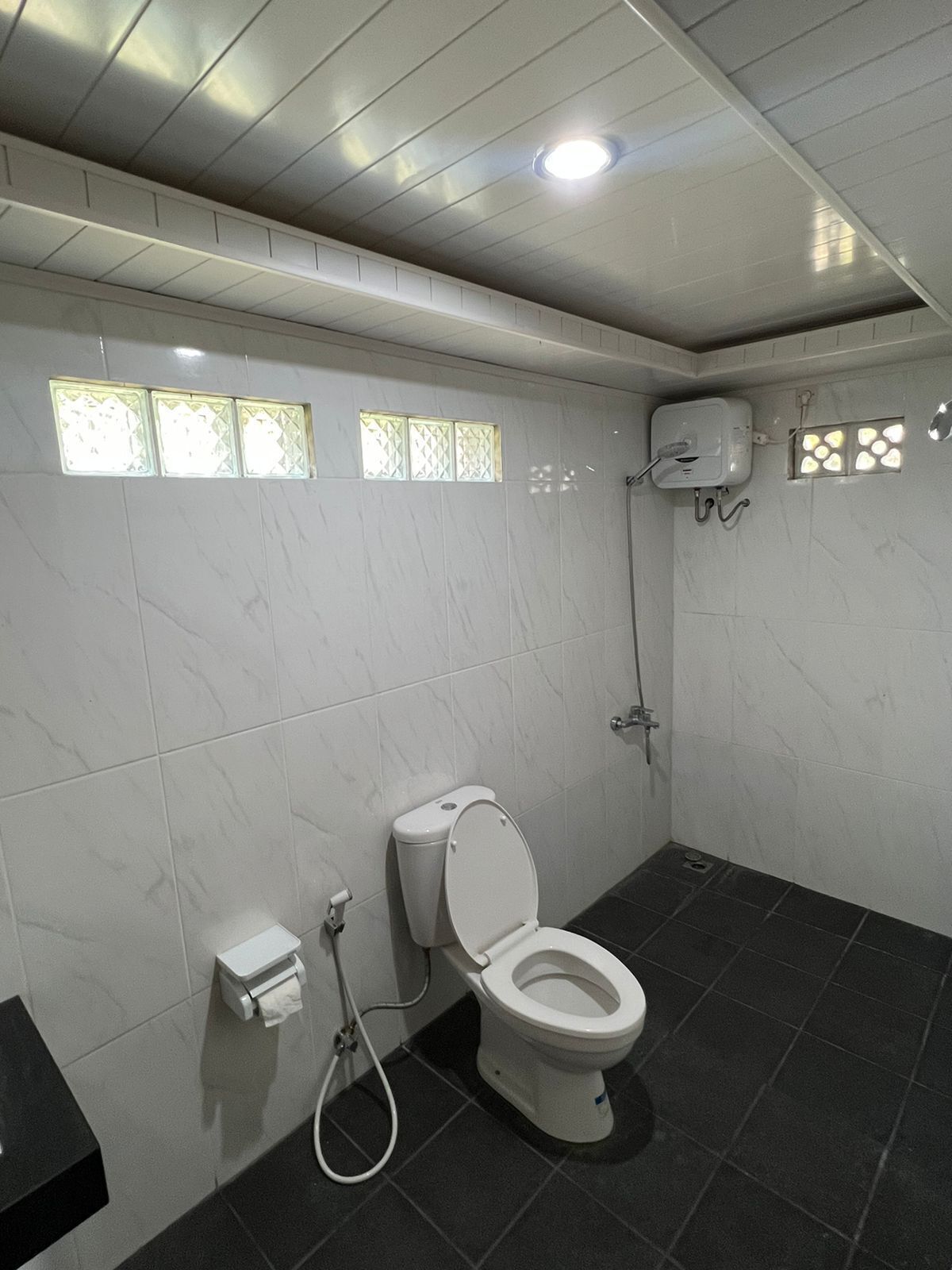 A bathroom with a toilet, a hand dryer, and a shower.