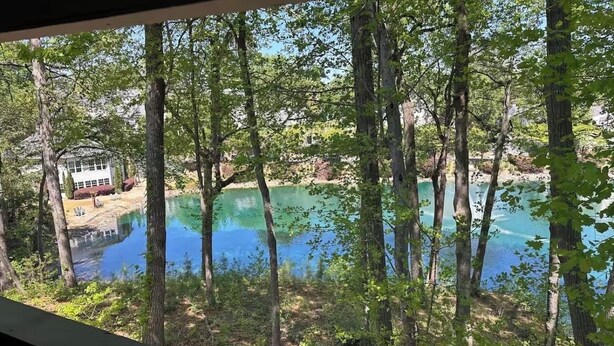 A lake surrounded by trees, with a house visible in the background. - Lovely stay by the Braves / 2bd 2bth with private access gate to Braves Stadium (Smyrna)