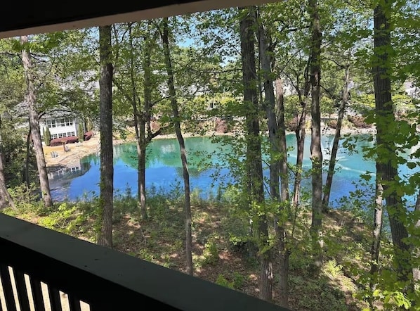 A lake surrounded by trees, with a house visible in the background.
