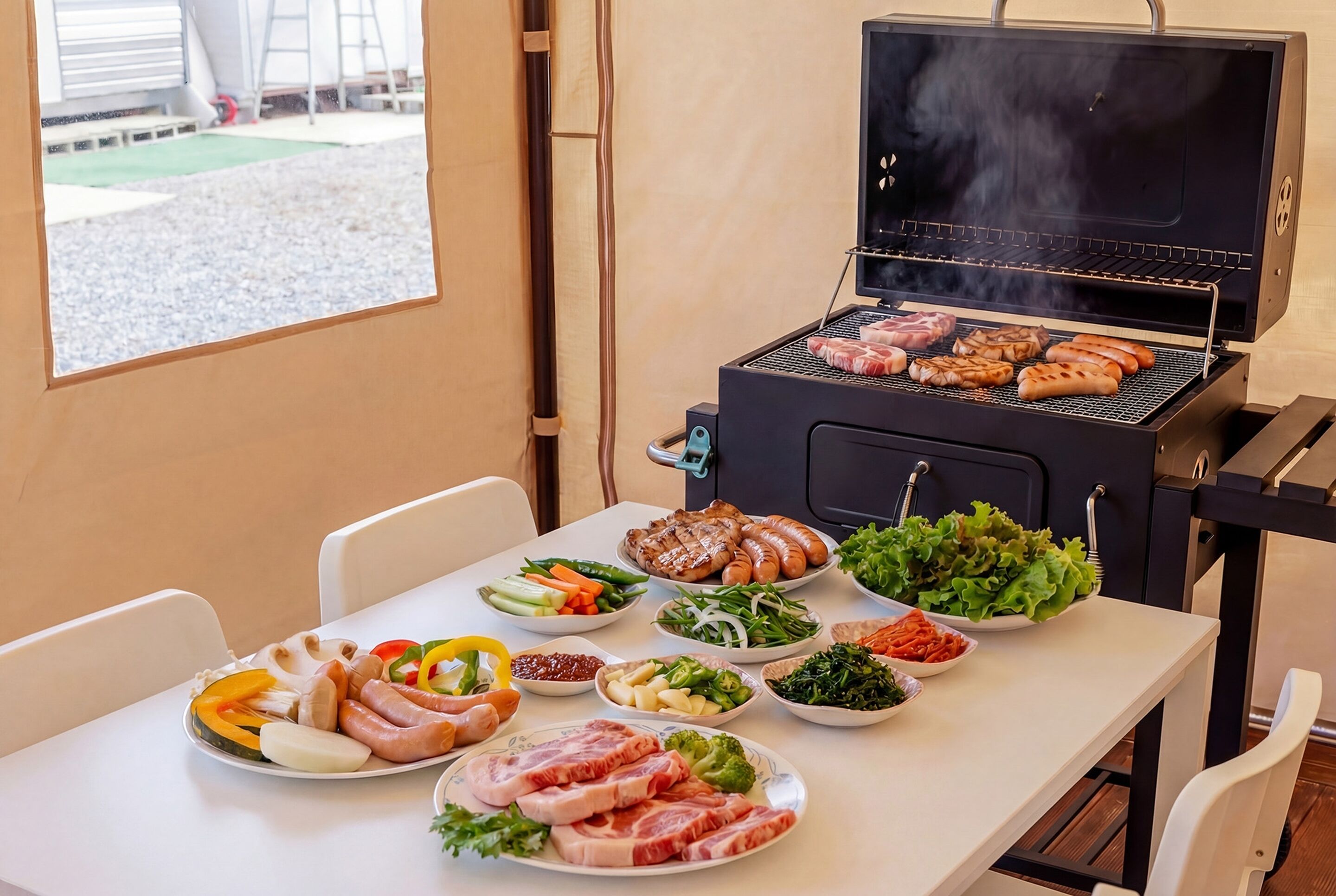 Un'area barbecue con diversi tipi di carne e verdure su piatti, una griglia e un tavolo con sedie.