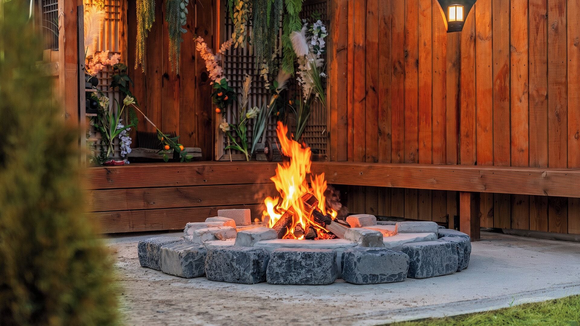 Una chimenea con valla de madera y plantas decorativas al fondo.