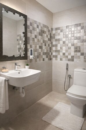 Shower, hair dryer, bidet, towels