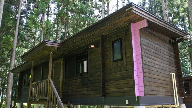 Una baita di legno con veranda, una scala e una piccola terrazza.