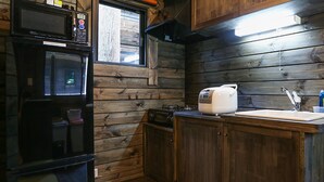 Angolo cottura compatto con pareti in legno, un forno a microonde, un tostapane e un lavandino.