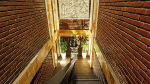 Un couloir aux murs en briques, avec un escalier, des plantes en pot et un élément décoratif mural.