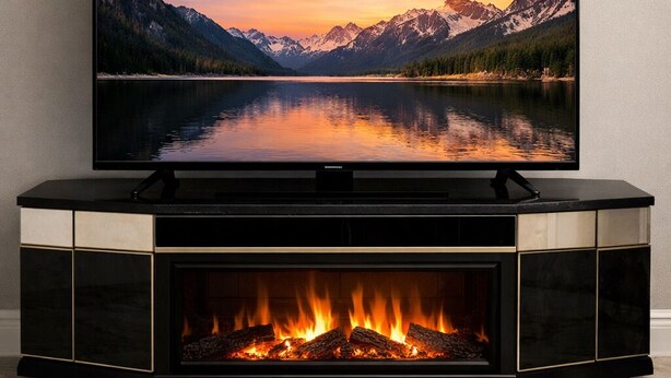 A flat-screen TV on a black entertainment unit with a fireplace below it.