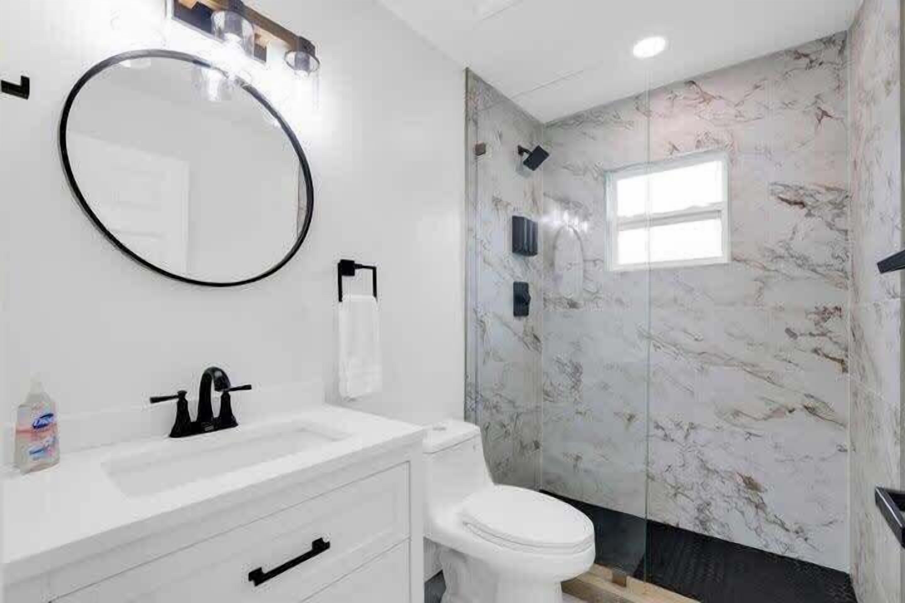 Shower, hair dryer, shampoo