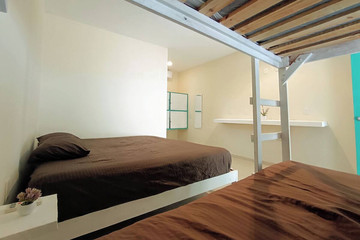 Un lit superposé avec un matelas, une table de chevet agrément ée d’une petite plante et une étagère fixée au mur.