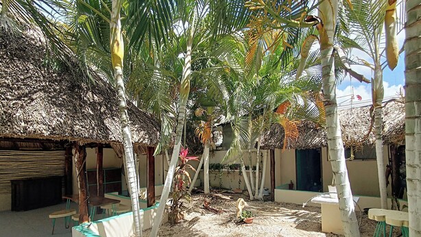 A courtyard with thatched-roof structures, palm trees, and a sandy ground. - Turquesa Bacalar Centro (Bacalar)