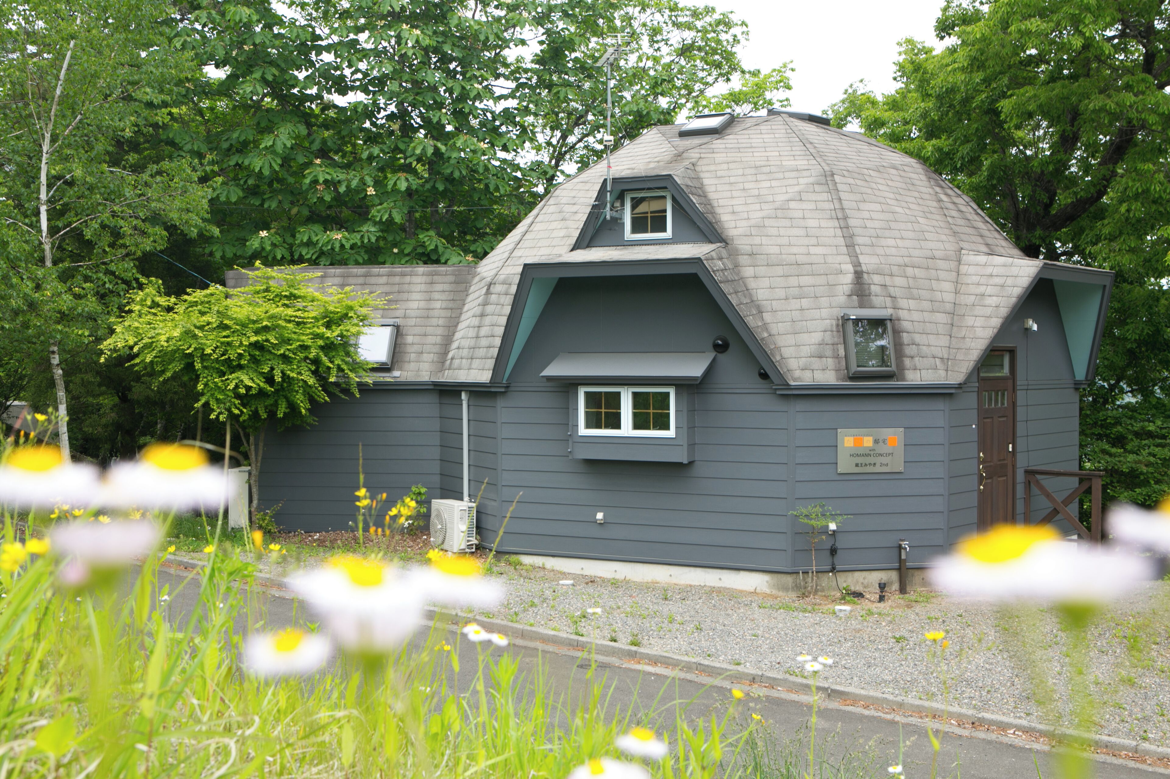 A house with a sloped roof, a small window, and a door.