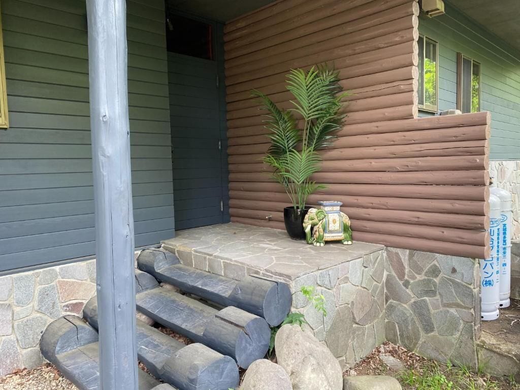 A wooden exterior wall, a potted plant, and a stone staircase.