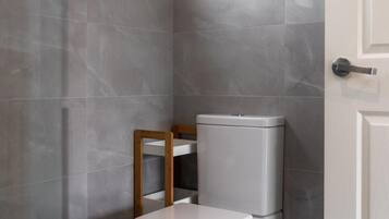Shower, towels, soap, toilet paper