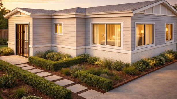 A modern single-story house with a covered porch, large windows, and a well-maintained garden. - Luxury Granny Cottage Retreat in arms reach of Golf Course (Wilton)