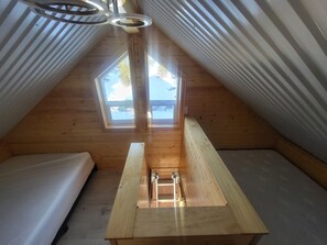 A small attic bedroom with a skylight, wooden walls, and a loft bed. - Secluded Off Grid Dry Lakefront Cabin- Unplug, Relax, and Recharge (Homer)