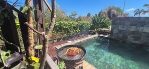 Un área junto a la piscina con una parrilla, agua cristalina y abundante vegetación.