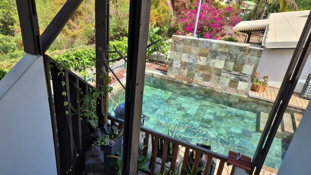 Piscina translúcida com parede azulejada, rodeada por vegetação e um deck de madeira.