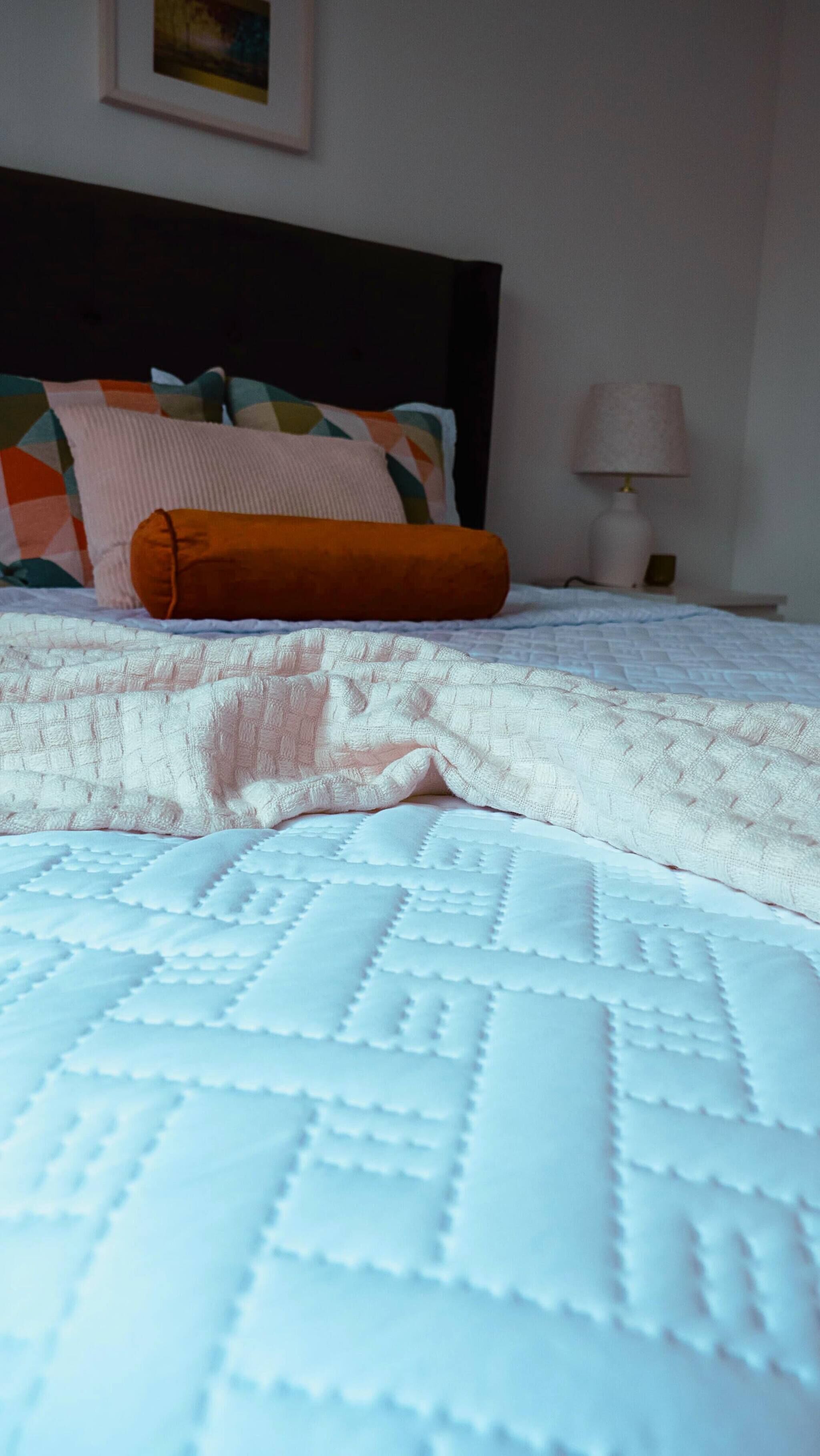 A bed with a white quilt and a brown pillow, a nightstand with a lamp, and a framed picture on the wall.