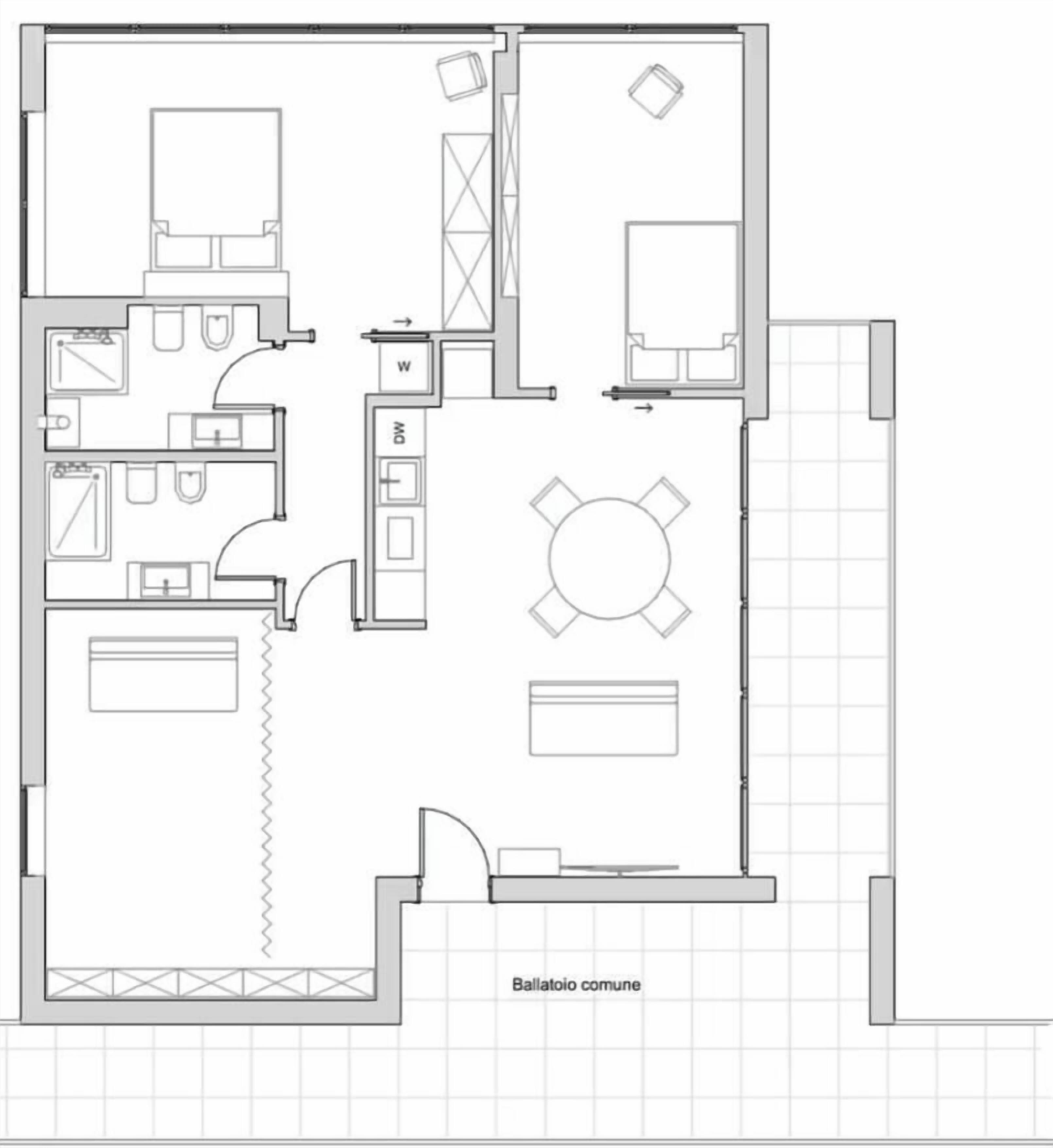Un plan d’étage comprenant une cuisine, un coin repas, deux chambres, une salle de bain et un balcon.