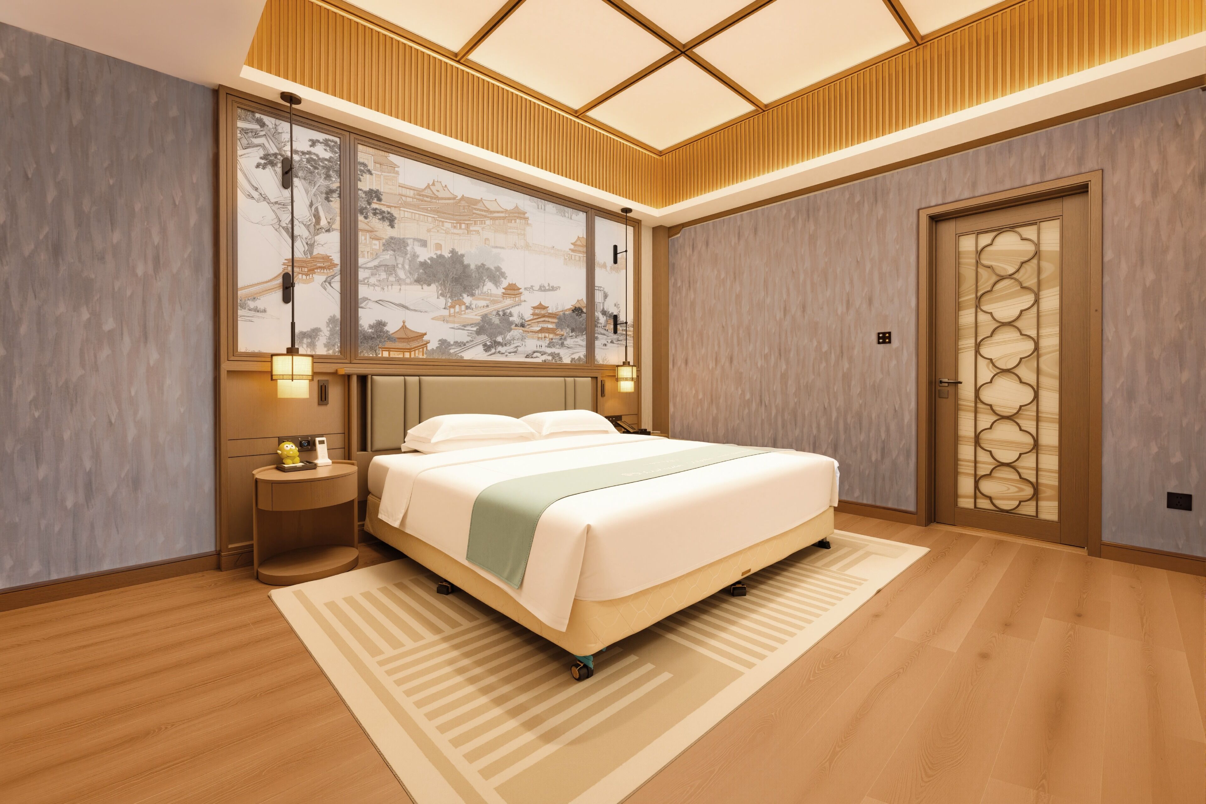 Quarto moderno com cama grande, mesa de cabeceira, luminária na parede e porta de estilo tradicional.