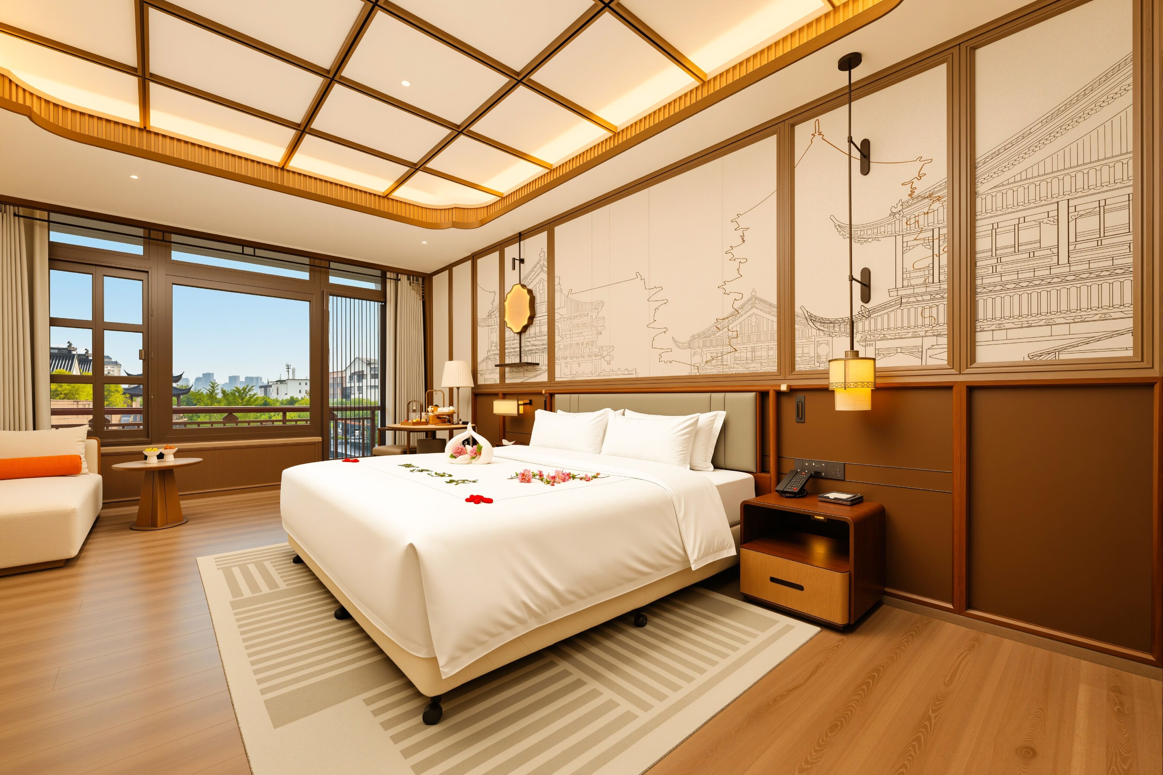 Quarto de hotel com cama grande, escrivaninha, cadeira, mesa de cabeceira e uma janela ampla.