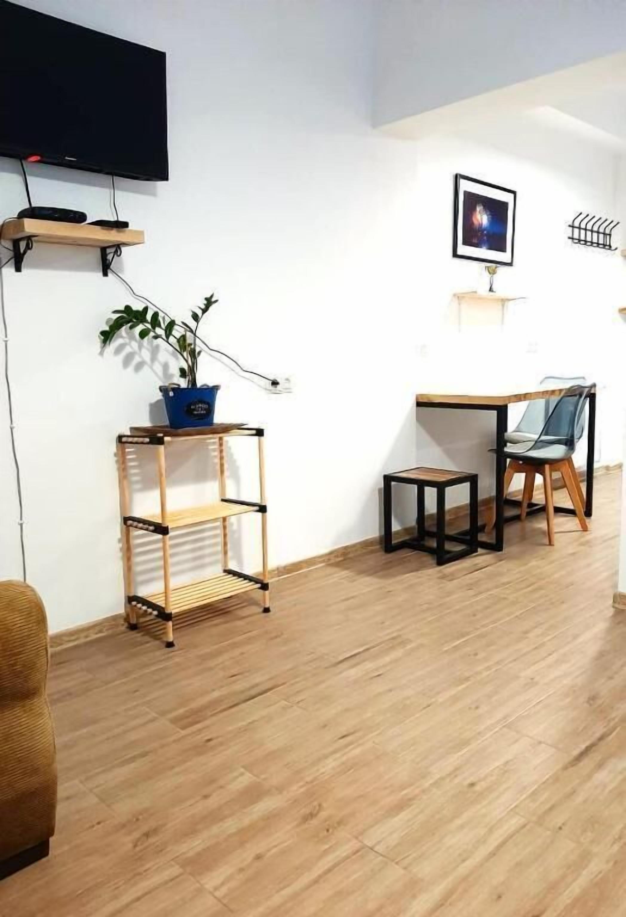 A living room with a TV, a plant, a small table, a chair, and a picture on the wall.