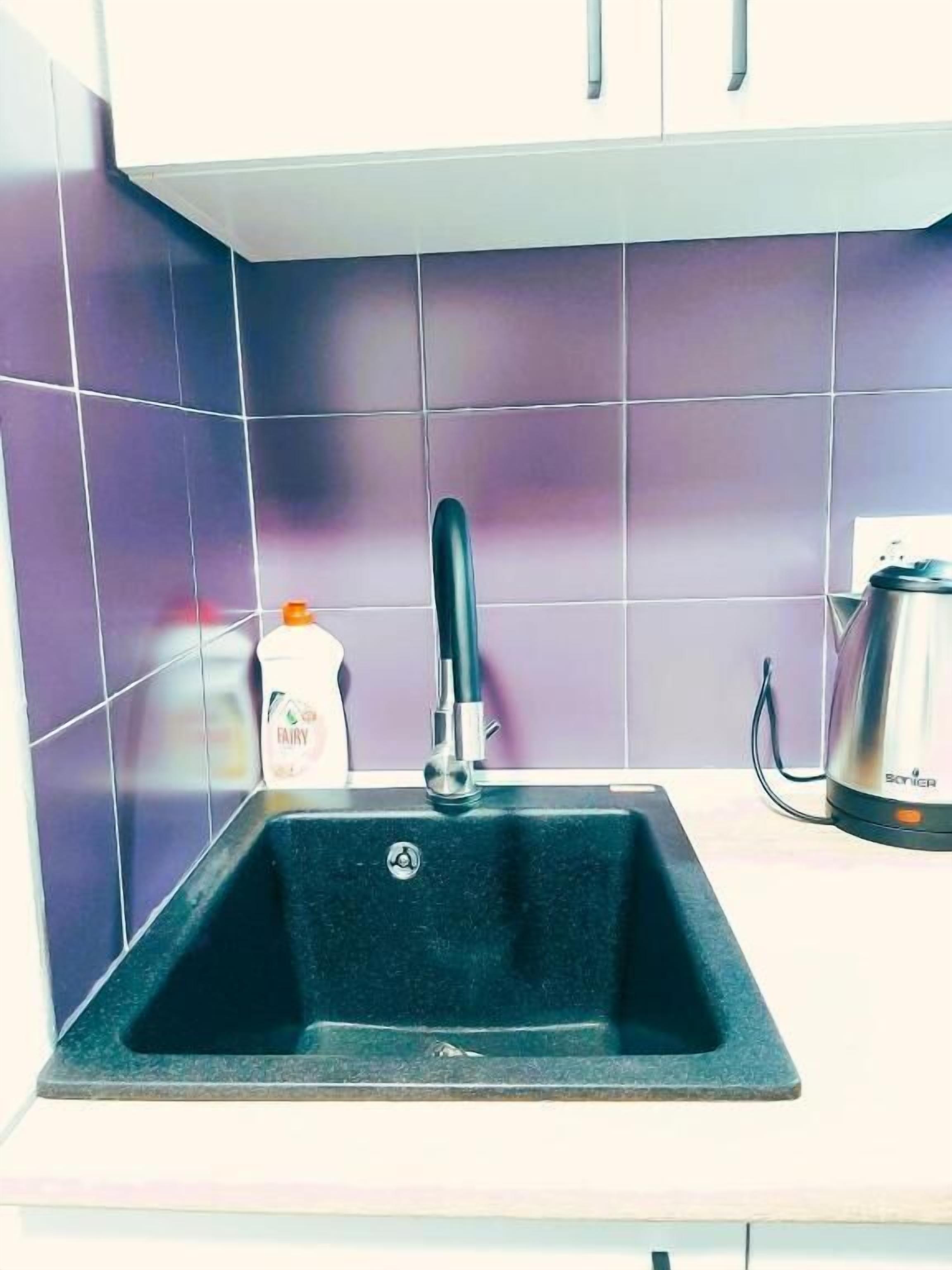 Een keuken met een zwarte spoelbak, een kraan, een fles Faaier afwasmiddel en een Sonica elektrische waterkoker.