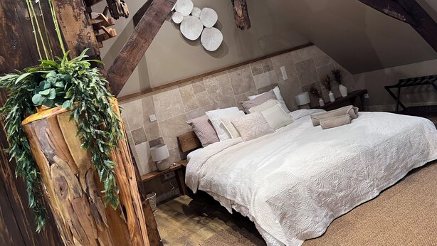 Une chambre avec un plafond en bois, un lit avec une literie blanche, une table de chevet et une lampe fixée au mur.