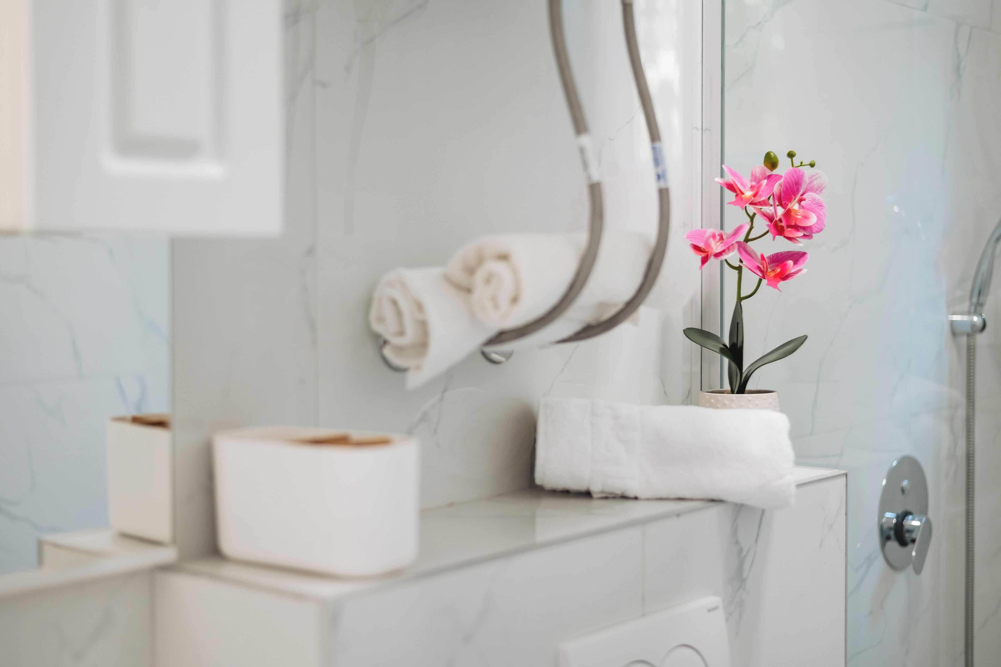A bathroom with a marble wall, a towel rack with rolled towels, a toilet paper dispenser, and a potted orchid.