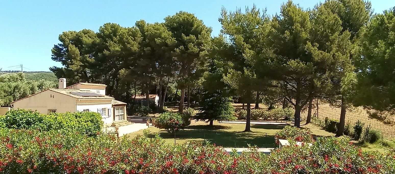 Une maison dotée d’un toit recouvert de panneaux solaires, entourée d’un jardin où poussent différentes espèces d’arbres et d’arbustes.